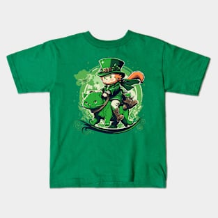 Redhead Leprechaun Riding Green Cat Kids T-Shirt